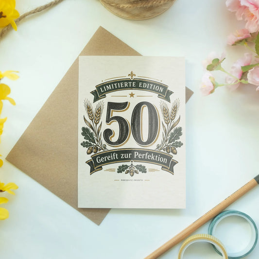 Elegante Geburtstagskarte für Männer zum 50. Geburtstag mit Emblem|p:2014218|h:d925e803f11a8bd081acf064e8bc8f7c