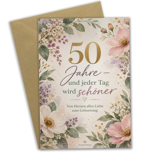 Elegante Geburtstagskarte für Frau zum 50. Geburtstag mit Wildblumen|p:2014223|h:3805a857e114b0a12b6d7e143343a0c0