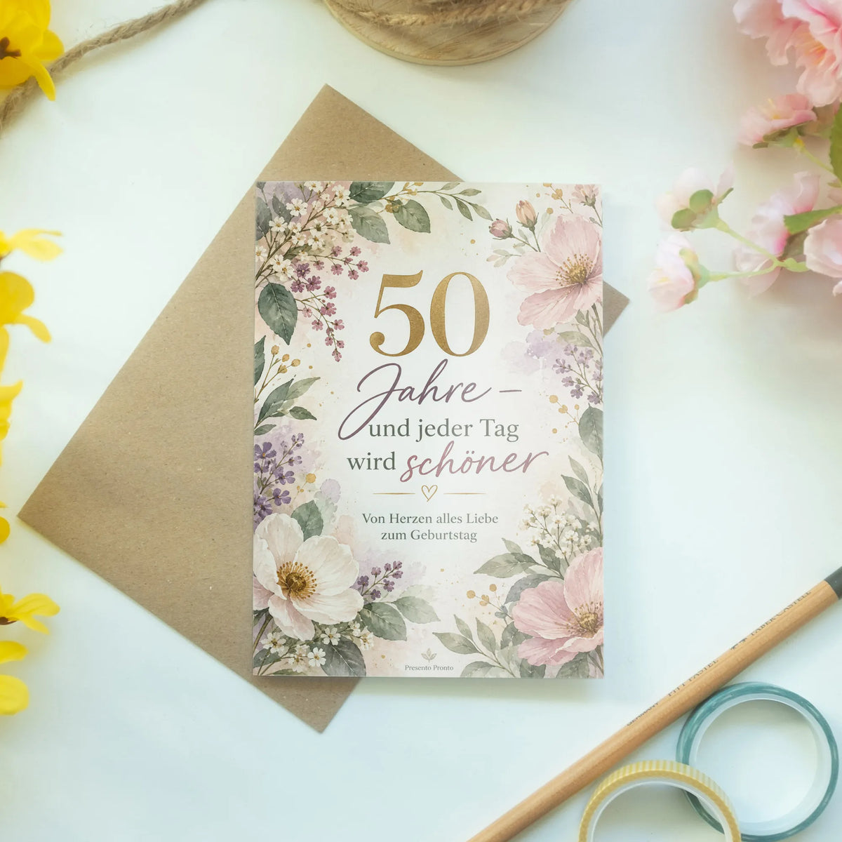Elegante Geburtstagskarte für Frau zum 50. Geburtstag mit Wildblumen|p:2014223|h:911cb64e6bae8d13f9967d15a7b1920b