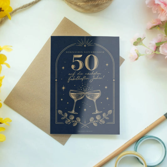 Elegante Geburtstagskarte für Frau zum 50. mit goldenen Champagnergläsern|p:2014230|h:491a46aec237d707c6af37d2606a2162