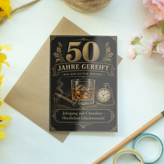 Elegante Geburtstagskarte zum 50. für Männer mit Whiskyglas|p:2014233|h:635f9bc946056c68e331dc4453422191