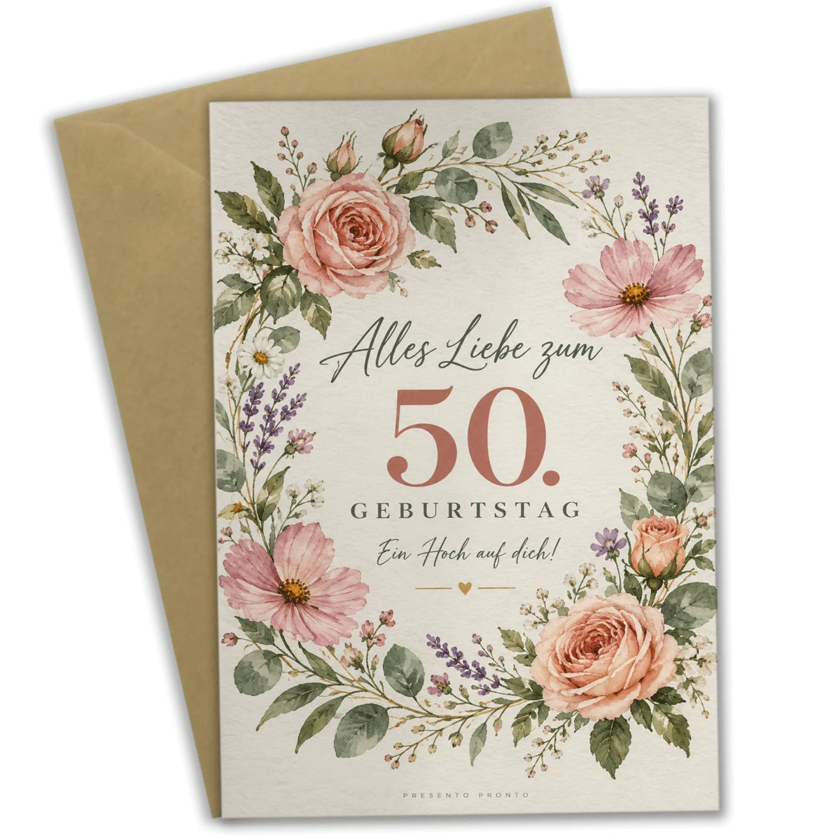Elegante Geburtstagskarte für Frauen zum 50. mit Blütenkranz|p:2014239|h:35952ddba268693dd13ce65a6d95b330
