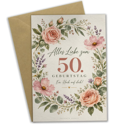 Elegante Geburtstagskarte für Frauen zum 50. mit Blütenkranz|p:2014239|h:35952ddba268693dd13ce65a6d95b330