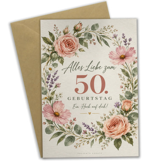 Elegante Geburtstagskarte für Frauen zum 50. mit Blütenkranz|p:2014239|h:35952ddba268693dd13ce65a6d95b330
