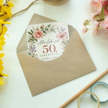 Elegante Geburtstagskarte für Frauen zum 50. mit Blütenkranz|p:2014239|h:9338069660cb1aa5bd74068e293f21cd