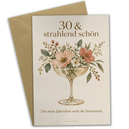 Elegante Geburtstagskarte zum 30. mit Champagnerglas und Wildblumen|p:2014245|h:fa850b5975ce37602c16a8d6d5971ae2