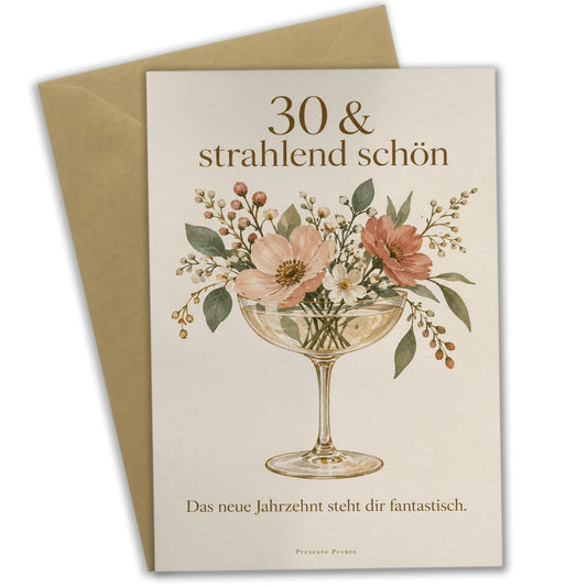 Elegante Geburtstagskarte zum 30. mit Champagnerglas und Wildblumen|p:2014245|h:fa850b5975ce37602c16a8d6d5971ae2