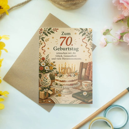 Herzliche Geburtstagskarte zum 70. Geburtstag mit Kuchen|p:2014249|h:1eab04ae51dca4987982f35dca383486