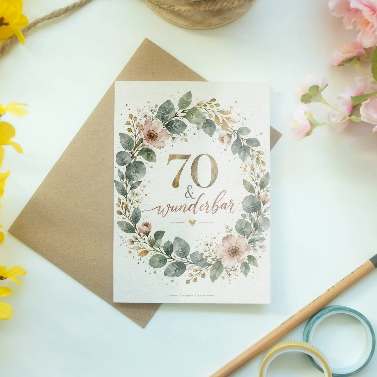Elegante Geburtstagskarte zum 70. Geburtstag mit Blütenkranz|p:2014253|h:b07c1ad63e4101e5230f0ce3d975c21e