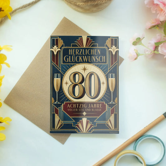 Elegante Geburtstagskarte zum 80. Geburtstag für Frauen in Navy und Gold|p:2014261|h:20fcf426a3e90de7592aca0b6b6829a2
