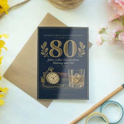 Elegante Geburtstagskarte zum 80. Geburtstag für Männer mit Whiskyglas|p:2014262|h:751c6e1d2e5b57db0fb340f401ea09a3