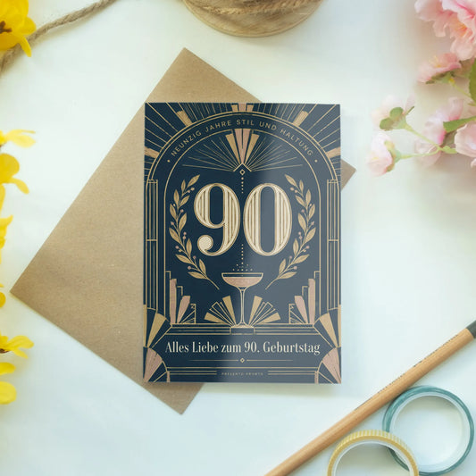 Elegante Geburtstagskarte zum 90. Geburtstag für Frauen mit goldener 90|p:2014263|h:465bd1667fcf3dcc6c563135c3bbebe7