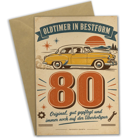 Lustige Geburtstagskarte zum 80. für Männer mit gelbem Oldtimer|p:2014264|h:1e9031393c63a7fca39b82d5d344b762