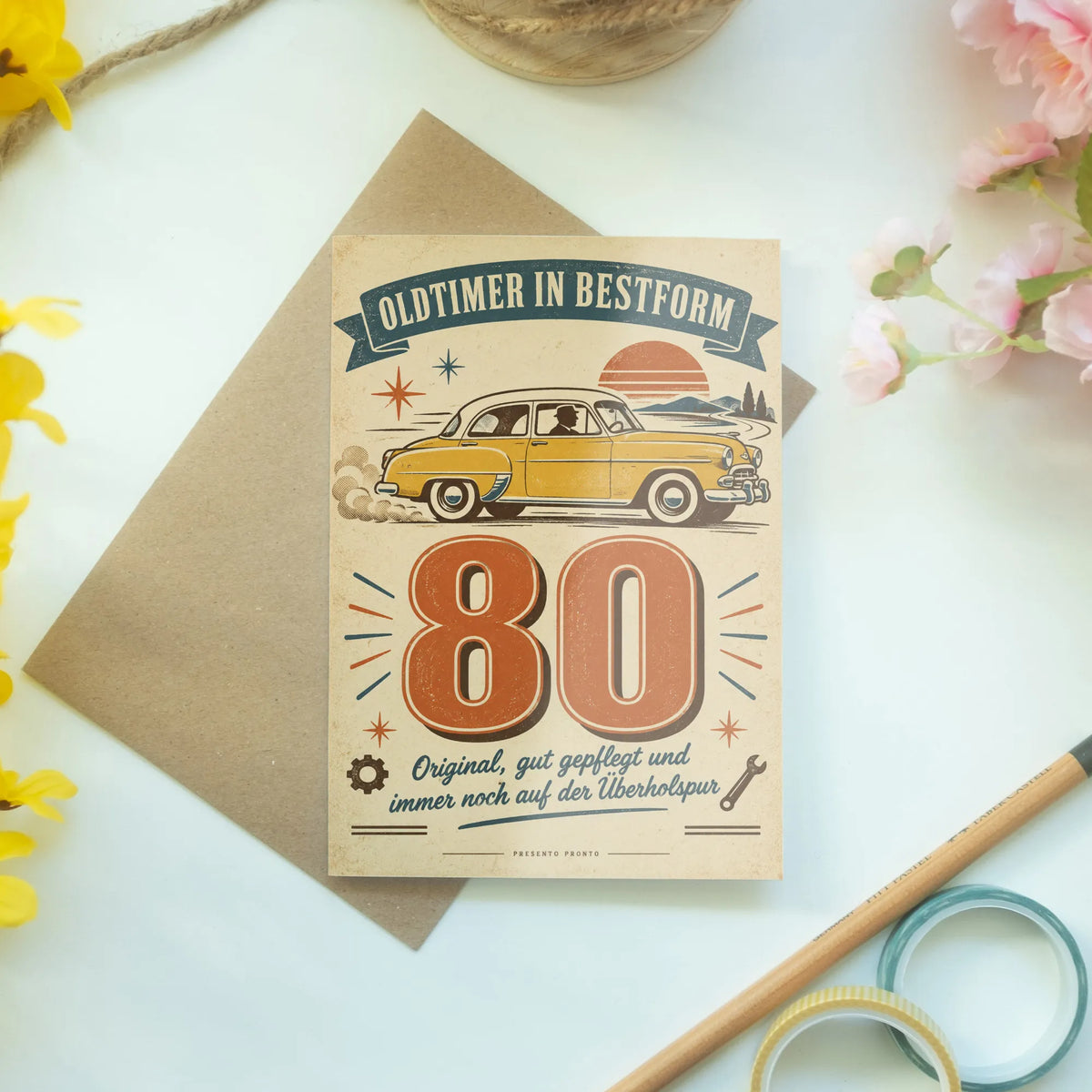 Lustige Geburtstagskarte zum 80. für Männer mit gelbem Oldtimer|p:2014264|h:126d1b99487fe496db6e9835a95e8d4b