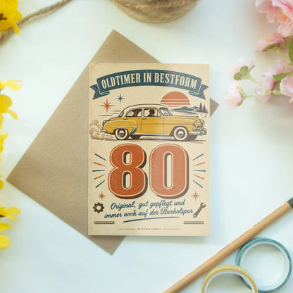Lustige Geburtstagskarte zum 80. für Männer mit gelbem Oldtimer|p:2014264|h:126d1b99487fe496db6e9835a95e8d4b