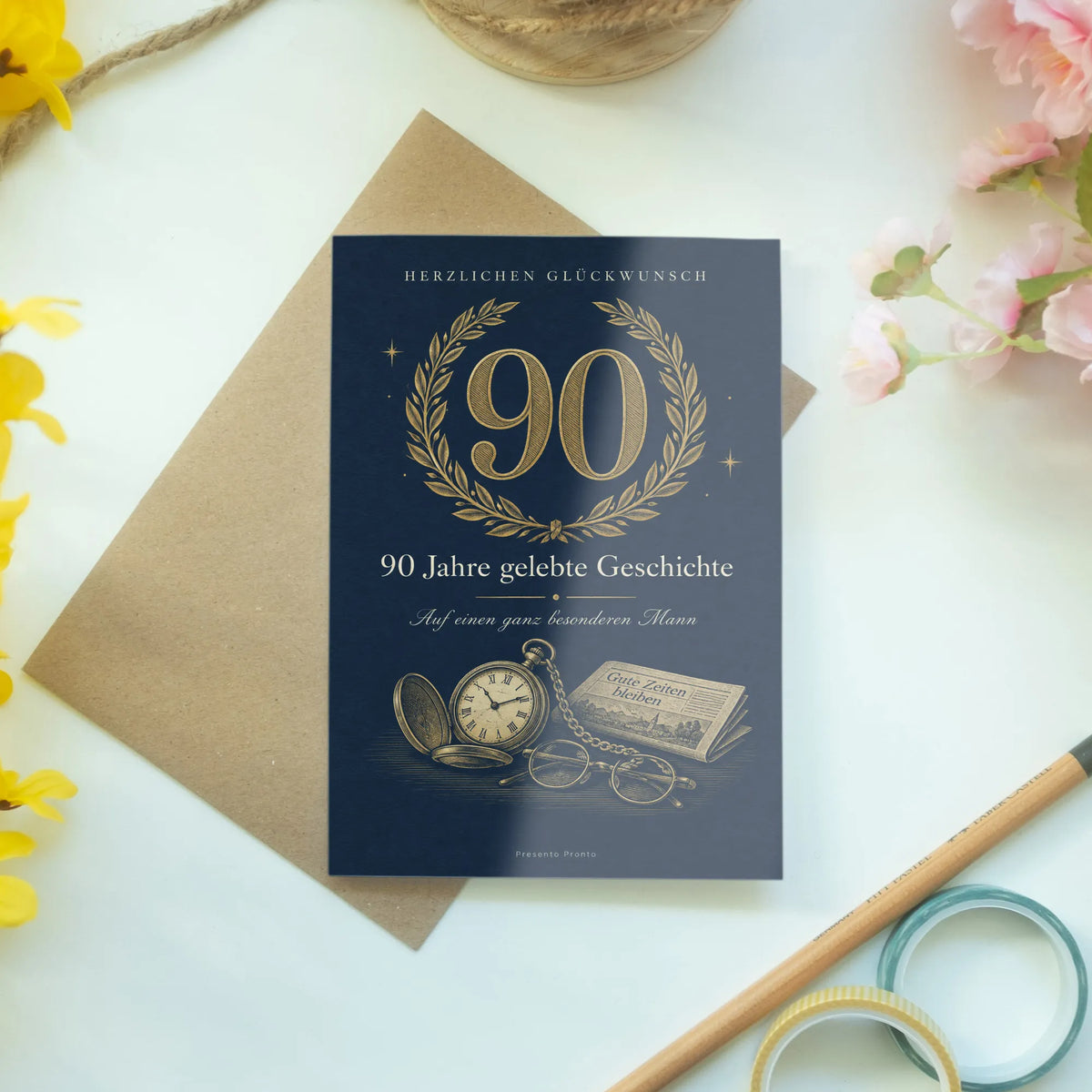 Elegante Geburtstagskarte zum 90. Geburtstag für Männer mit goldener 90|p:2014270|h:07f712d6825e9b0bd229ac260062b9c0