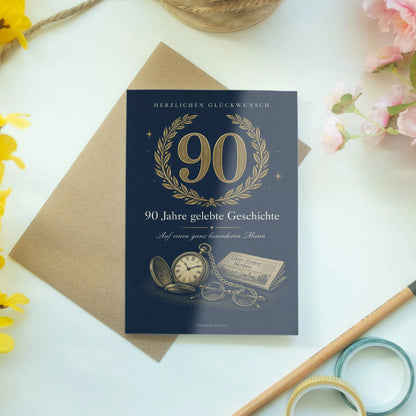 Elegante Geburtstagskarte zum 90. Geburtstag für Männer mit goldener 90|p:2014270|h:07f712d6825e9b0bd229ac260062b9c0