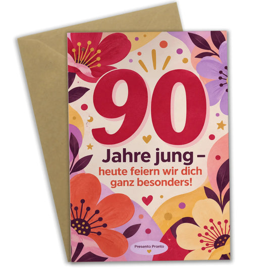 Fröhliche Geburtstagskarte zum 90. Geburtstag für Frauen mit großer 90|p:2014278|h:fafdef2018d51dbaf56dfcfd252dc470