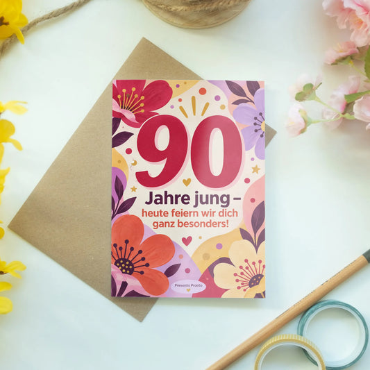 Fröhliche Geburtstagskarte zum 90. Geburtstag für Frauen mit großer 90|p:2014278|h:c2a0464b948b680cdae9fc519ed7628b