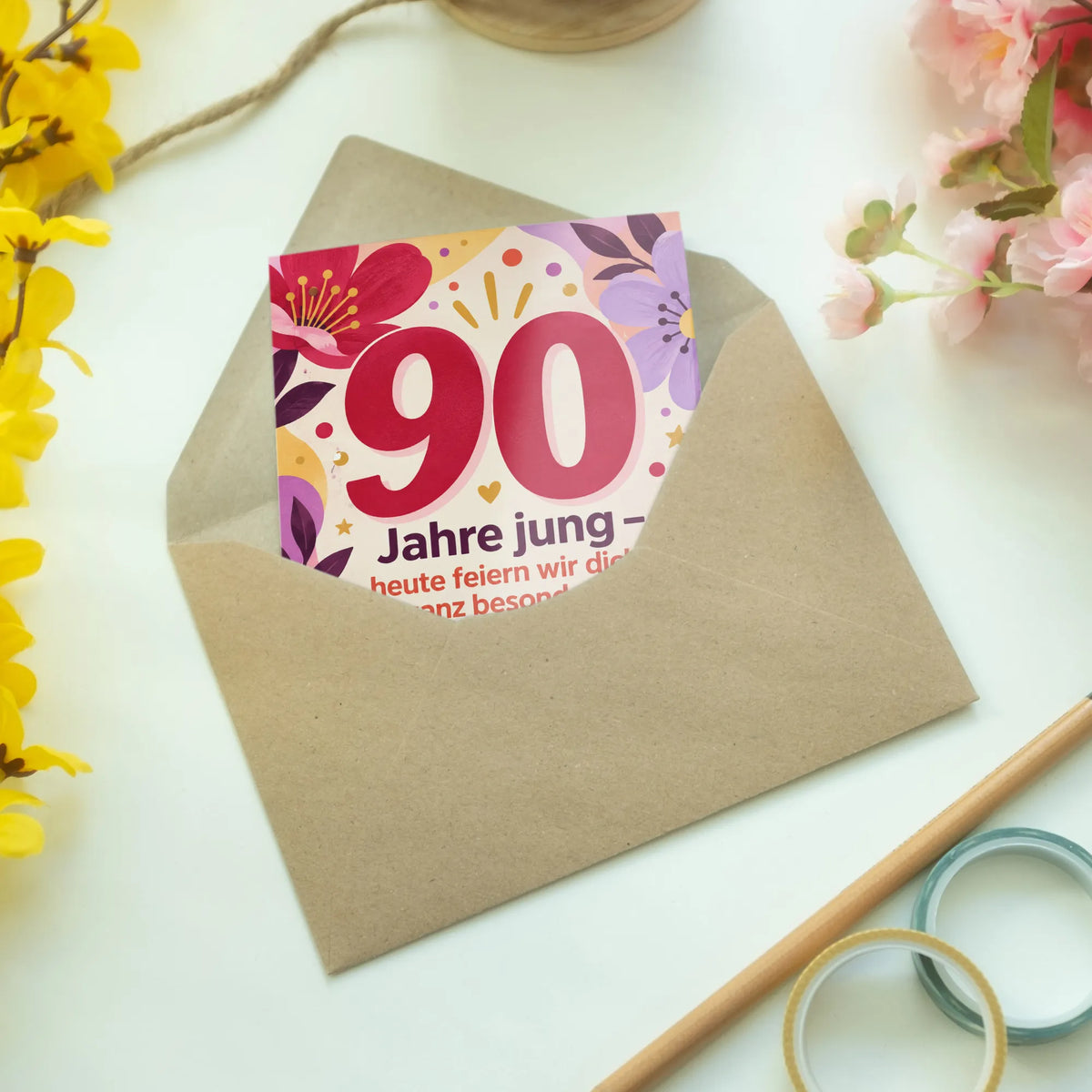 Fröhliche Geburtstagskarte zum 90. Geburtstag für Frauen mit großer 90|p:2014278|h:d7ff25818ed1b1036934266dd32a8c9e