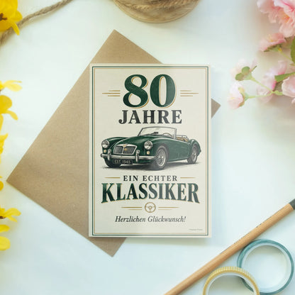 Elegante Geburtstagskarte zum 80. für Männer mit Vintage-Roadster|p:2014282|h:08ff6be49c9623c7b4cef3f87f6768c2