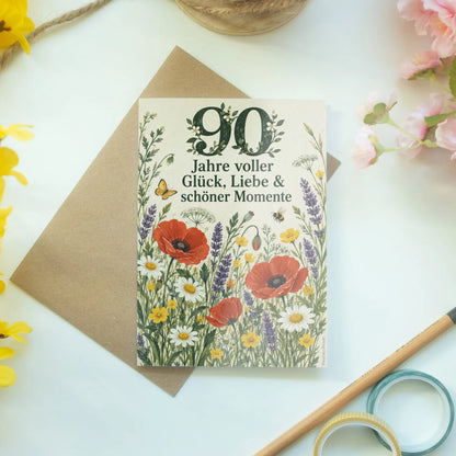 Herzliche Geburtstagskarte für Frau zum 90. Geburtstag mit Blumenwiese|p:2014289|h:fd349169c3b25b5d26cce88a8f257bc9