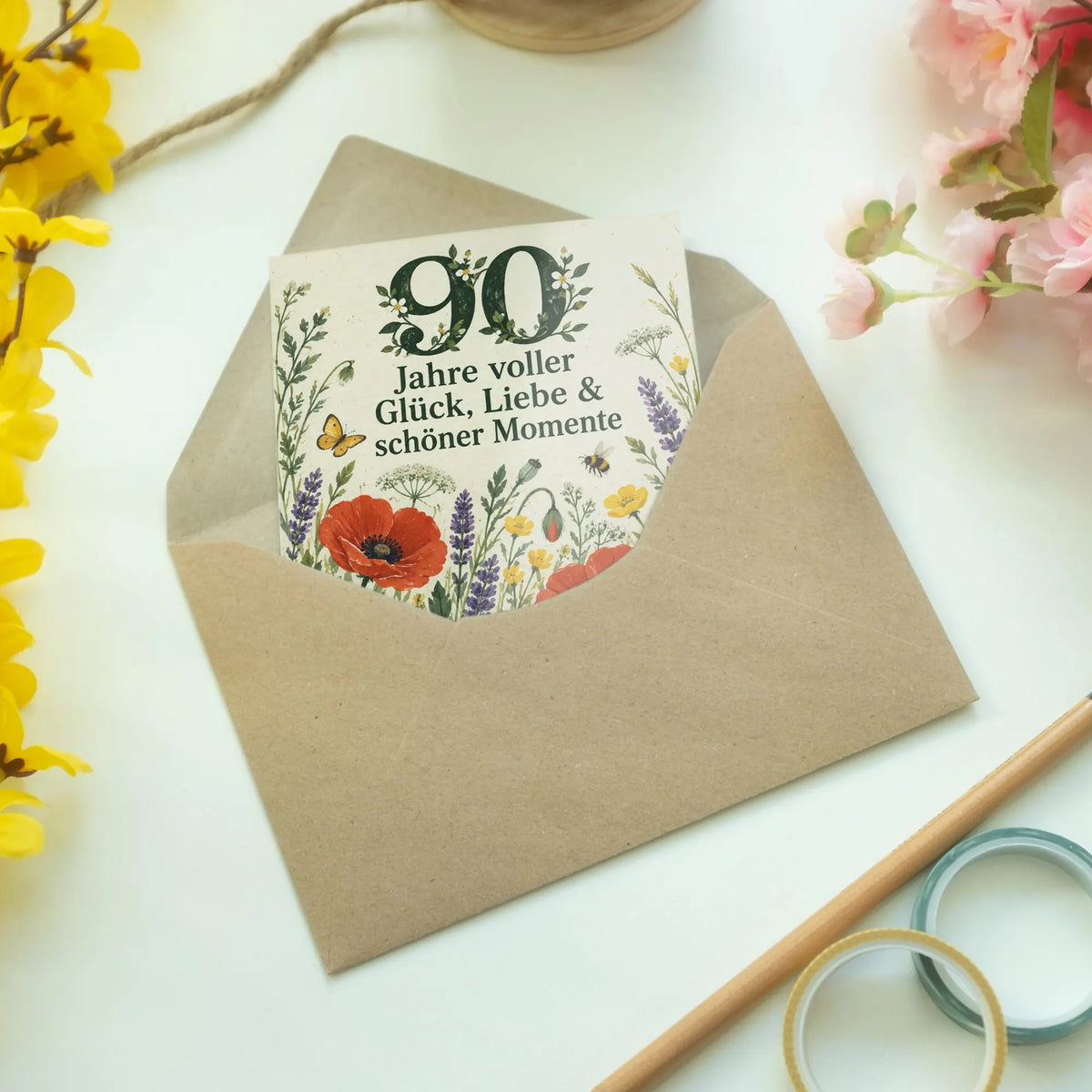 Herzliche Geburtstagskarte für Frau zum 90. Geburtstag mit Blumenwiese|p:2014289|h:7f5022d230c991c9b12942c03246aed3
