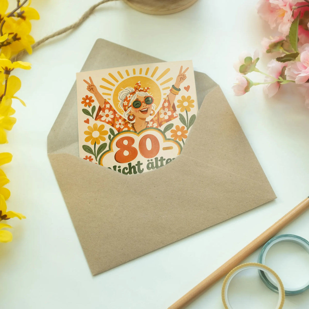 Lustige Geburtstagskarte zum 80. Geburtstag für Frauen mit Gänseblümchen|p:2014291|h:b81f059981bea66c36480e74a247e6c2