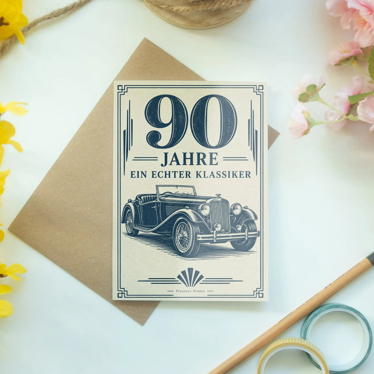 Elegante Geburtstagskarte zum 90. für Männer mit Roadster|p:2014295|h:e8073220be9e131cd250404cc85c4aab
