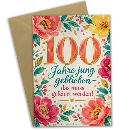 Fröhliche Glückwunschkarte zum 100. Geburtstag mit großer 100|p:2014296|h:b3dce8a049d37fe60b9c266b52c3bb93