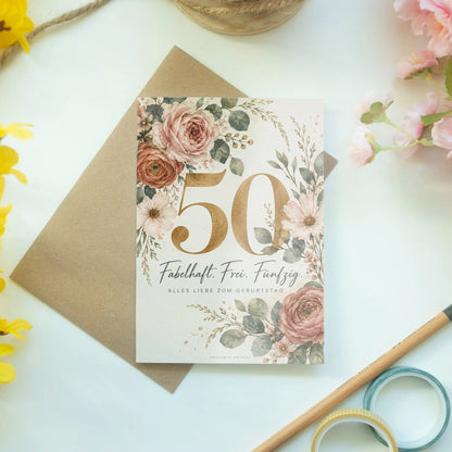 Elegante Geburtstagskarte zum 50 für Frauen mit rosa Blumen|p:2014298|h:51a54b0ace00a37cd4ea98baffc63543