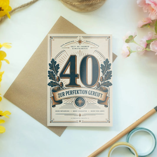 Lustige Geburtstagskarte zum 40. Geburtstag mit Vintage-Badge|p:2014307|h:0627a87b548ab4b42ab224781553c524