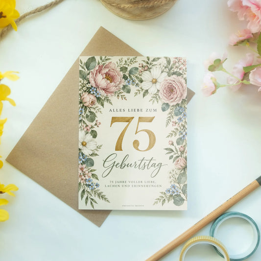 Elegante Geburtstagskarte zum 75. Geburtstag mit Blumenkranz|p:2014312|h:a303962402825844632d08e1559166c6