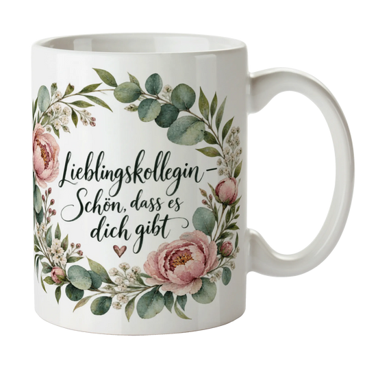 Herzliche Tasse für die Kollegin mit Blumenkranz|p:2014356|h:3438b3fa0e085be312cbbec42d9f9adc