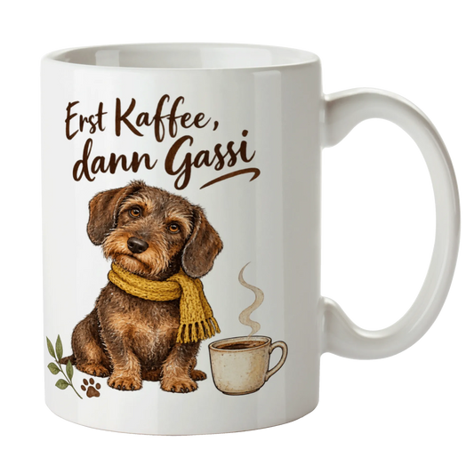 Lustige Dackeltasse für Dackelbesitzer mit gelbem Schal|p:2014370|h:74283335854f8feed70c386b52c922a4