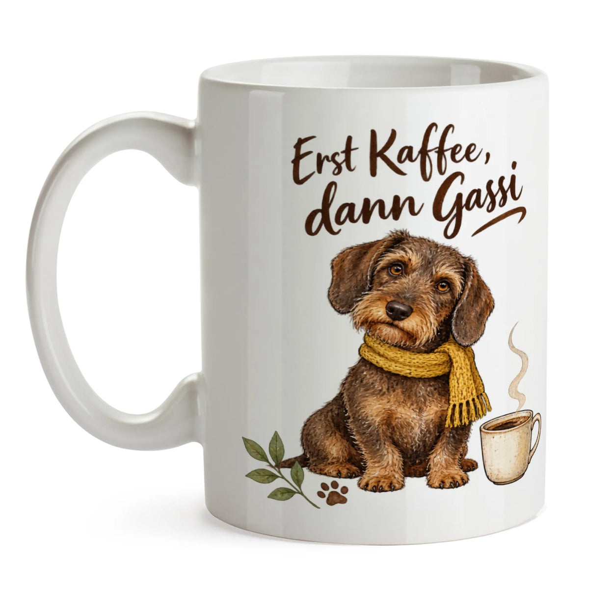Lustige Dackeltasse für Dackelbesitzer mit gelbem Schal|p:2014370|h:6b10fd5f25baeea7cebbc38c973f9941