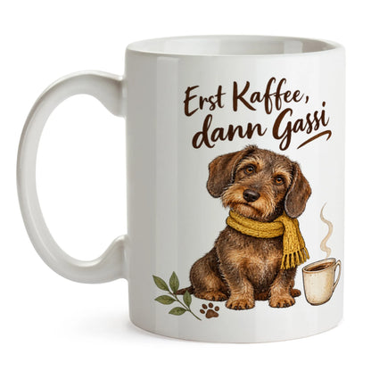 Lustige Dackeltasse für Dackelbesitzer mit gelbem Schal|p:2014370|h:6b10fd5f25baeea7cebbc38c973f9941