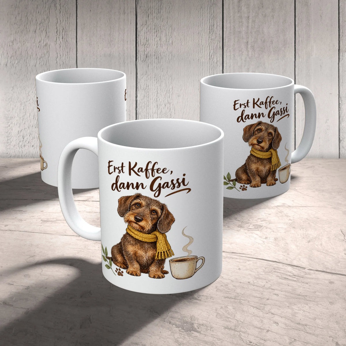 Lustige Dackeltasse für Dackelbesitzer mit gelbem Schal|p:2014370|h:2fae0c6757b170be395c3726aacf369d