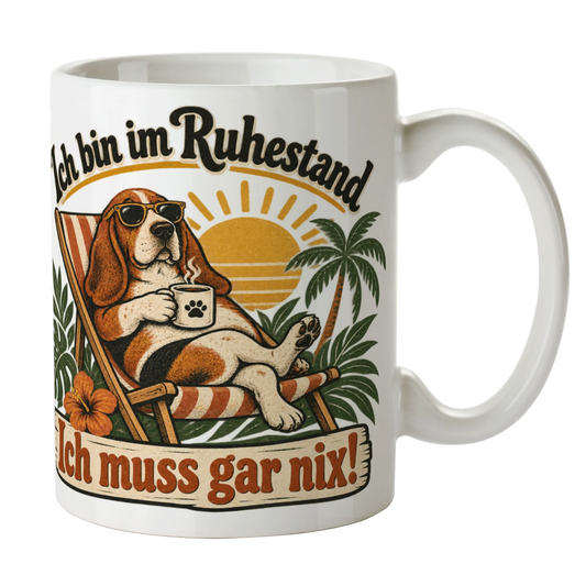 Lustige Tasse zum Ruhestand mit entspanntem Basset Hound|p:2014584|h:544e2092de5a237e616199b3a919ee1c
