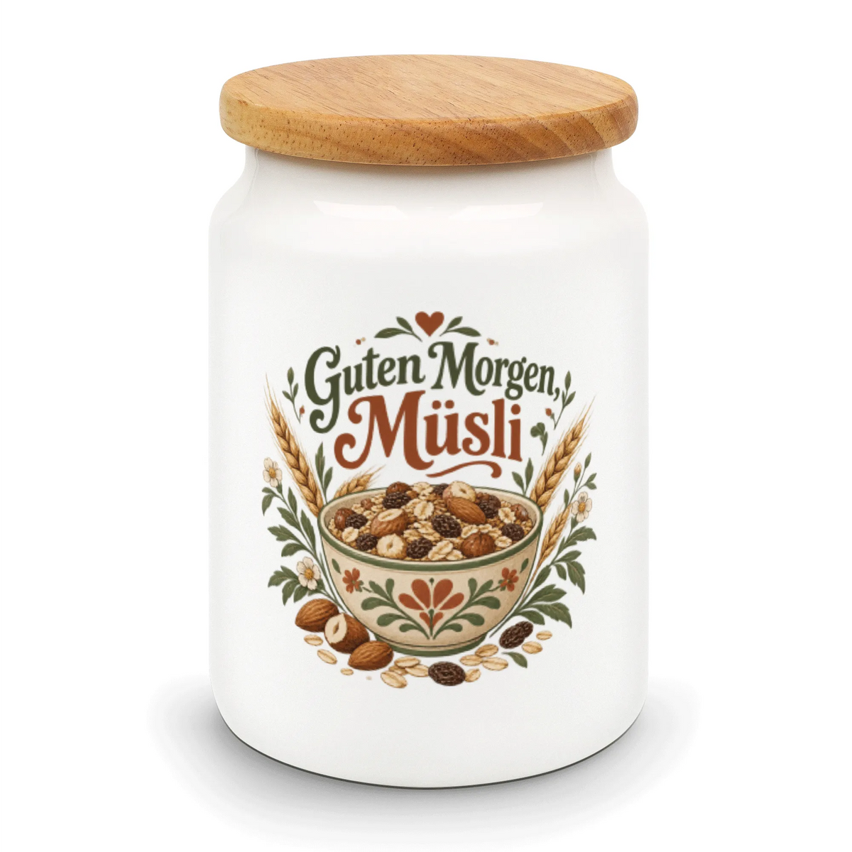 Fröhliche Vorratsdose für Müsli mit gefüllter Keramikschale|p:2014606|h:9bca7233d6f8a10585c92dc51a3137f5