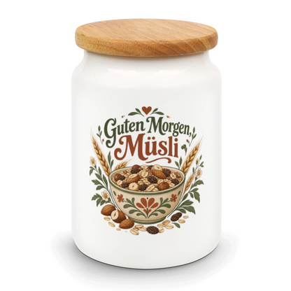 Fröhliche Vorratsdose für Müsli mit gefüllter Keramikschale|p:2014606|h:9bca7233d6f8a10585c92dc51a3137f5