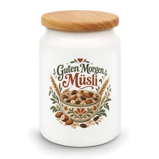 Fröhliche Vorratsdose für Müsli mit gefüllter Keramikschale|p:2014606|h:9bca7233d6f8a10585c92dc51a3137f5