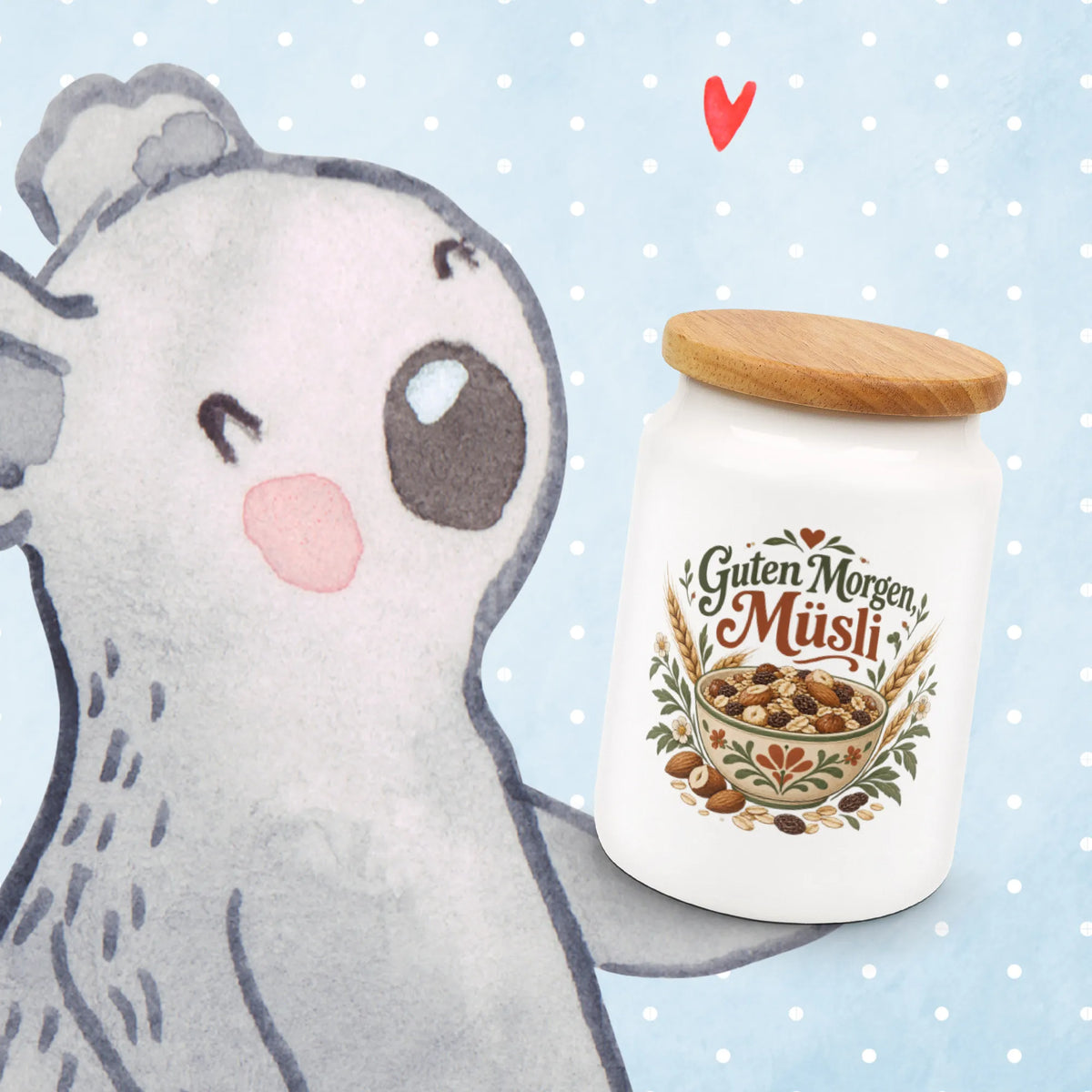 Fröhliche Vorratsdose für Müsli mit gefüllter Keramikschale|p:2014606|h:9842b17c1d0bd85cea6e8d305551531f