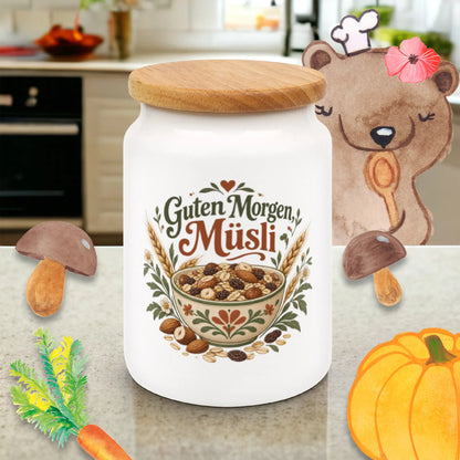 Fröhliche Vorratsdose für Müsli mit gefüllter Keramikschale|p:2014606|h:b5604f370e56739d5c30940efa1c8b04