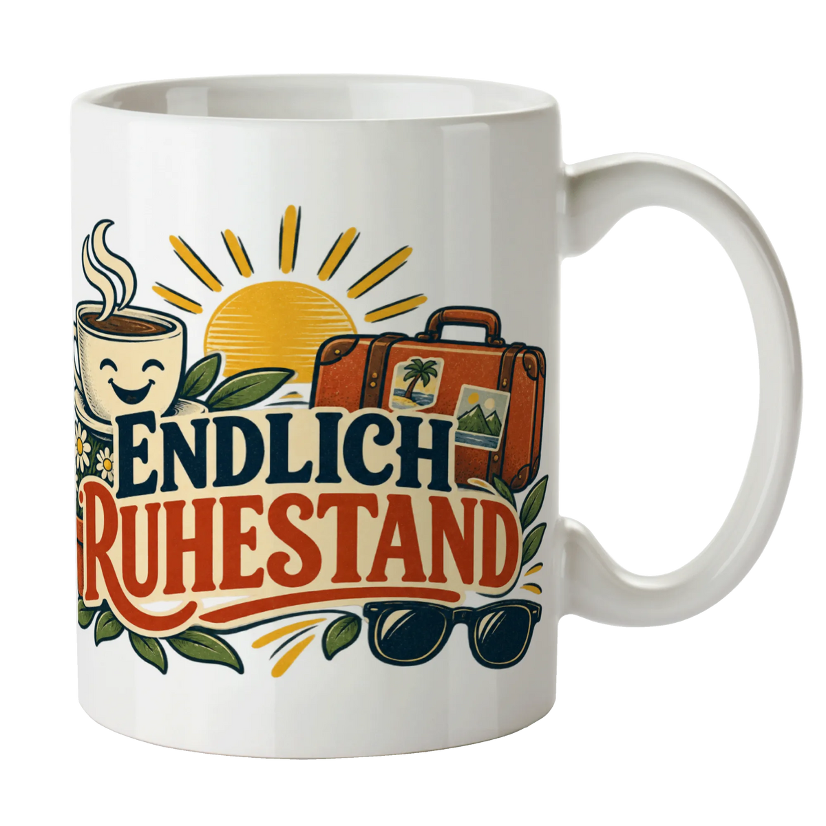 Fröhliche Tasse zum Ruhestand mit Reisekoffer und Sonne|p:2014614|h:df8d920b1fcc802c2699e1f22464ea81