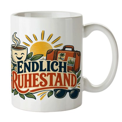 Fröhliche Tasse zum Ruhestand mit Reisekoffer und Sonne|p:2014614|h:df8d920b1fcc802c2699e1f22464ea81