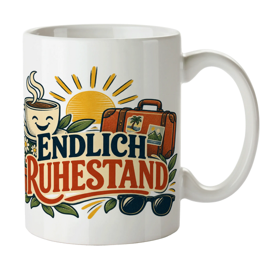 Fröhliche Tasse zum Ruhestand mit Reisekoffer und Sonne|p:2014614|h:df8d920b1fcc802c2699e1f22464ea81