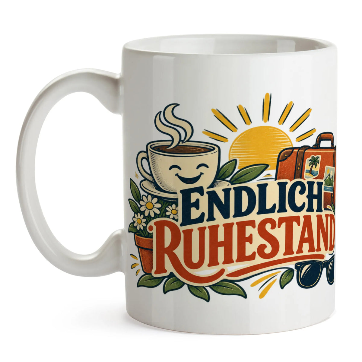 Fröhliche Tasse zum Ruhestand mit Reisekoffer und Sonne|p:2014614|h:a07cac409028c0444135edf8c8b025b4
