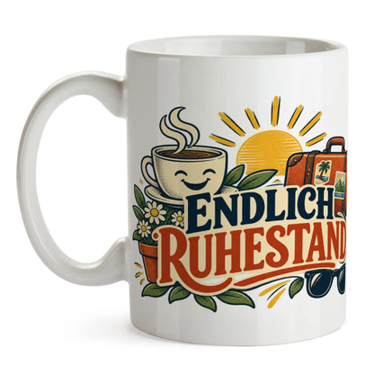 Fröhliche Tasse zum Ruhestand mit Reisekoffer und Sonne|p:2014614|h:a07cac409028c0444135edf8c8b025b4