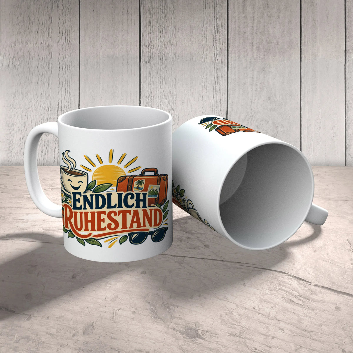 Fröhliche Tasse zum Ruhestand mit Reisekoffer und Sonne|p:2014614|h:f34c7d834226f3d866d73f81f0465869